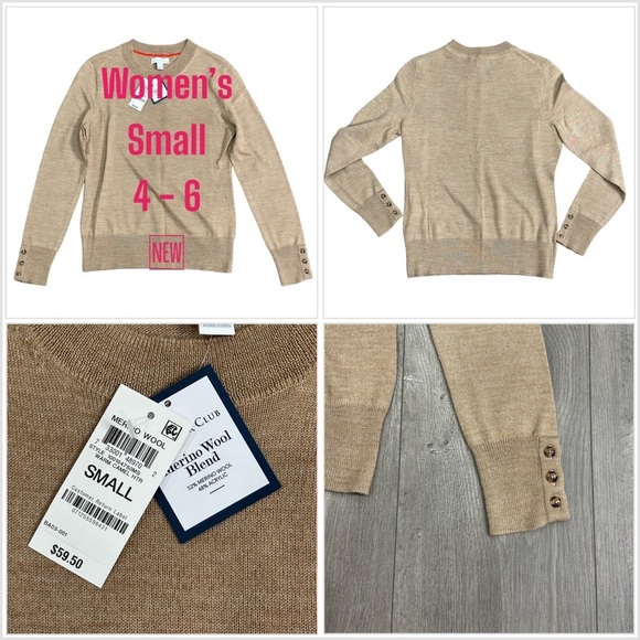 Womens Charter Club Small 4 - 6 Sweater Crewneck Tan Long Sleeve Merino Wool NWT - Picture 1 of 8
